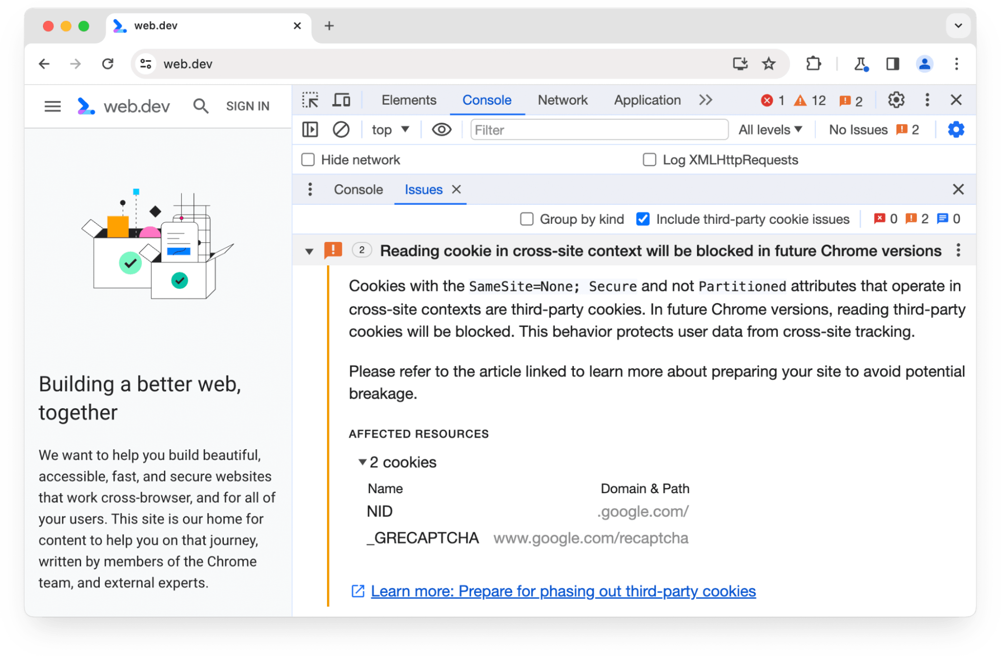 Bảng điều khiển Issues (Vấn đề) trong Chrome DevTools cảnh báo về 2 cookie của bên thứ ba sẽ bị chặn trong các phiên bản Chrome sau này.