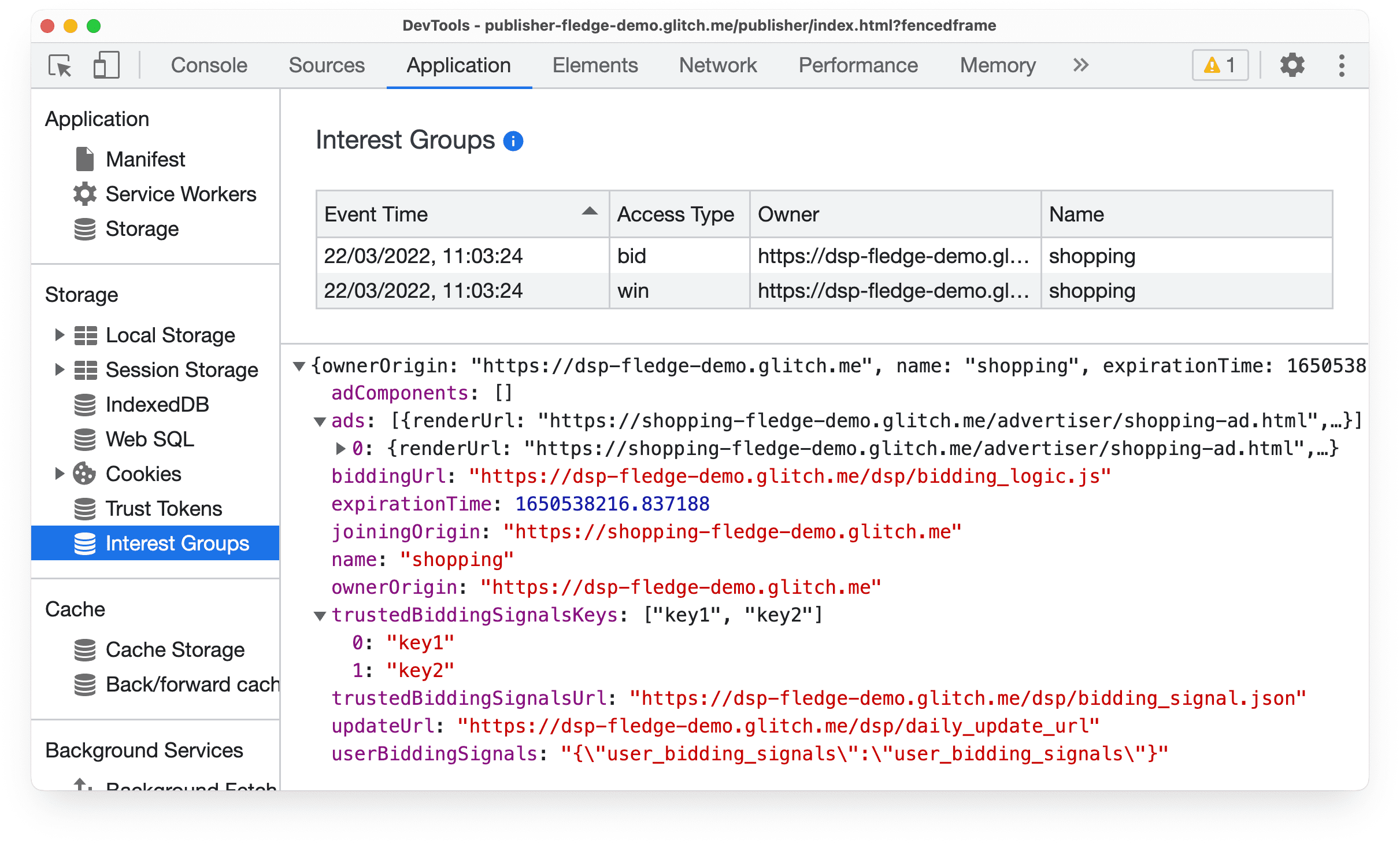 Der Bereich „DevTools-Anwendung“ in Chrome Canary mit Informationen zu Geboten und Gewinnereignissen bei Protected Audience-Auktionen