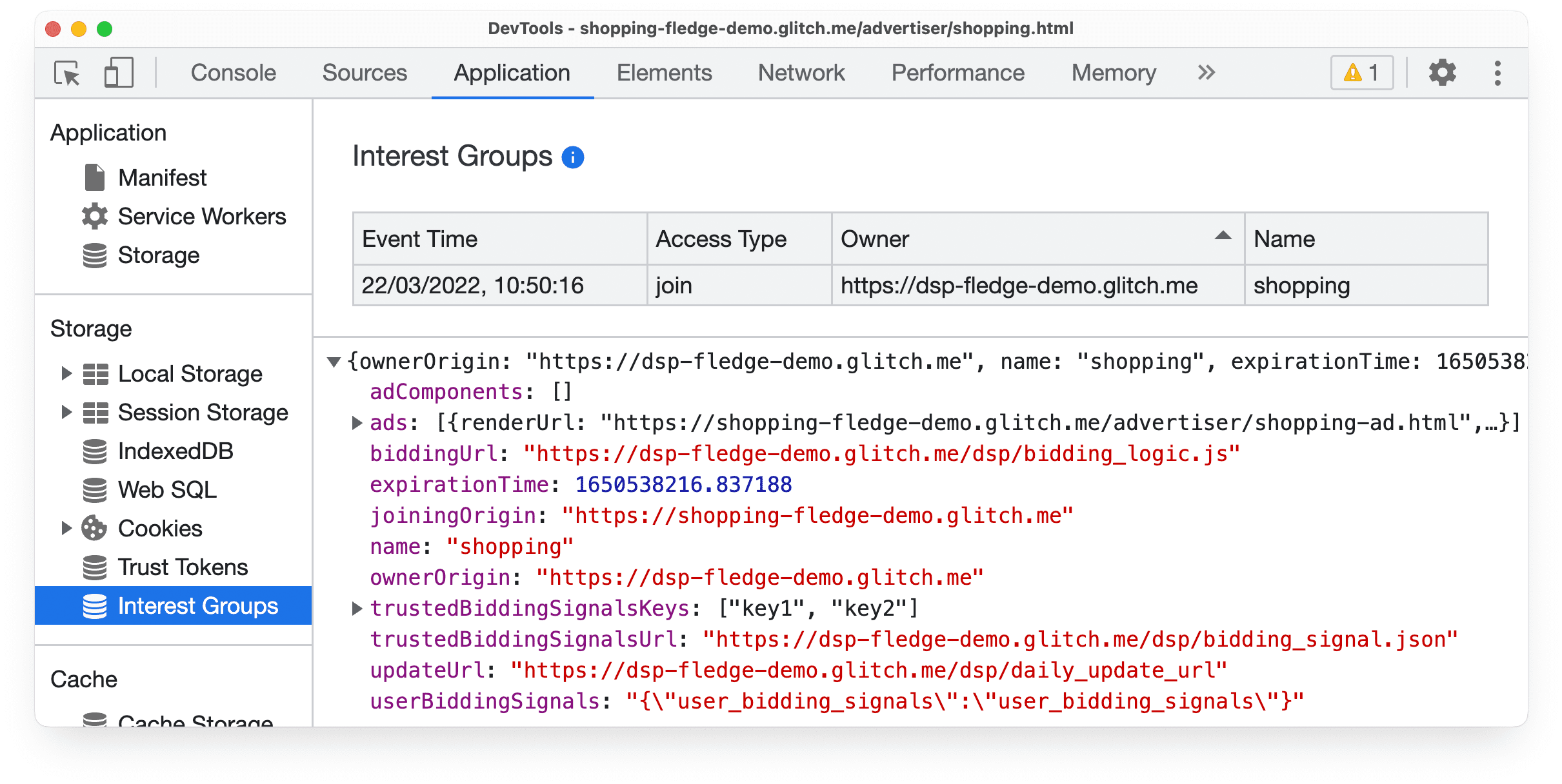 Der Bereich „App“ in den Chrome DevTools in Chrome Canary mit Informationen zu einem Ereignis, bei dem eine Protected Audience-Interessengruppe beigetreten ist.