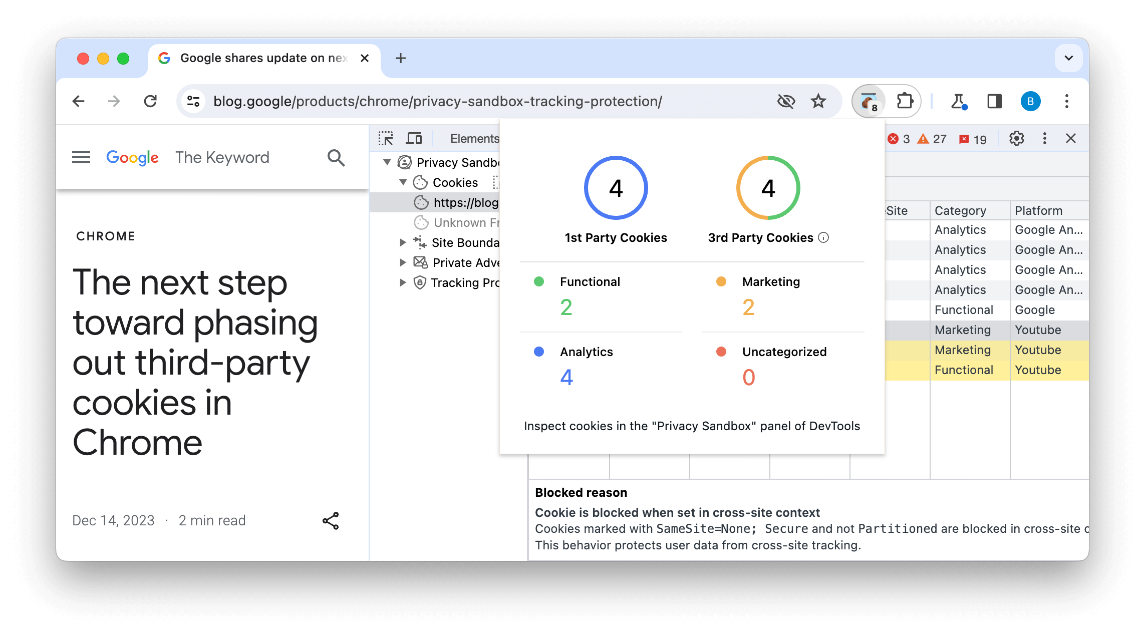 Privacy Sandbox Analysis Tool (PSAT) 屏幕截图，显示模态窗口中使用的 Cookie 的数量和类型，以及后面的 Cookie 列表及其被屏蔽的原因。