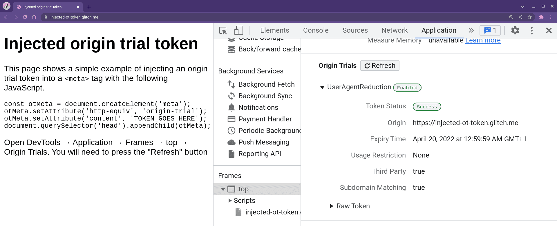 在“应用”下，DevTools 显示了来源试用状态。
