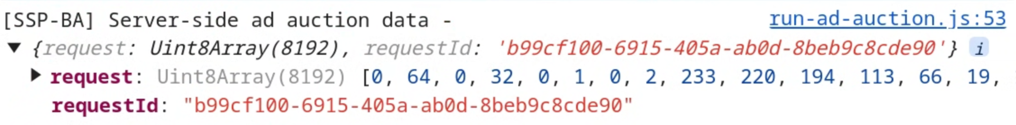 Chrome DevTools screenshot that shows request and request ID being available in the ad auction data.