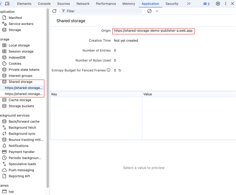 Capture d'écran montrant Chrome DevTools, en particulier la section "Application", mettant en évidence les entrées de stockage partagé et affichant l'espace de stockage vide pour l'origine de "Éditeur A" https://shared-storage-demo-publisher-a.web.app
