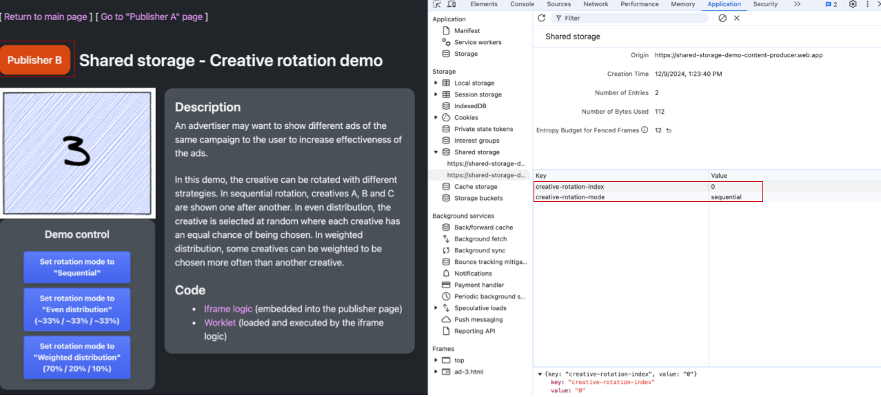 Uma captura de tela mostrando a página da Web "Editor B" e as Ferramentas do desenvolvedor mostrando a seção "Armazenamento compartilhado" para a origem https://shared-storage-demo-content-producer.web.app. O criativo na página é mostrado como 3. O índice de rotação de criativos destacado é 3, e o modo de rotação de criativos é sequencial.